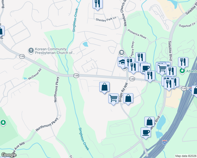 map of restaurants, bars, coffee shops, grocery stores, and more near 2589 Worrall Hill Way in Duluth