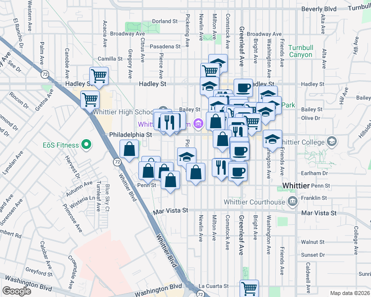 map of restaurants, bars, coffee shops, grocery stores, and more near 7033 Pickering Avenue in Whittier