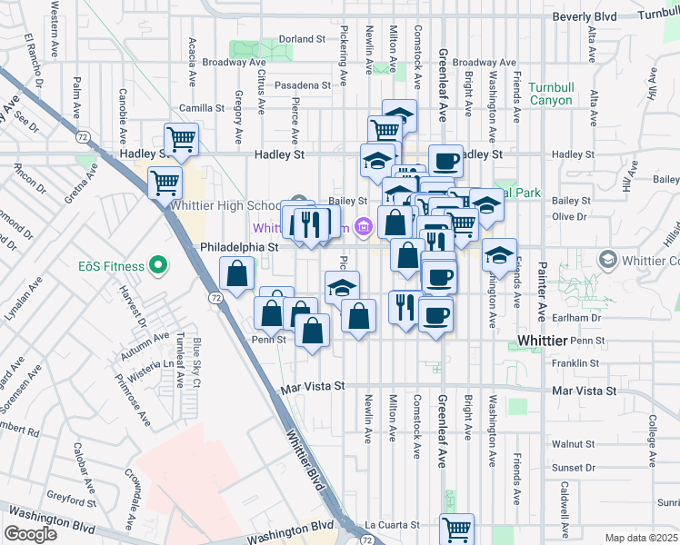 map of restaurants, bars, coffee shops, grocery stores, and more near 7033 Pickering Avenue in Whittier
