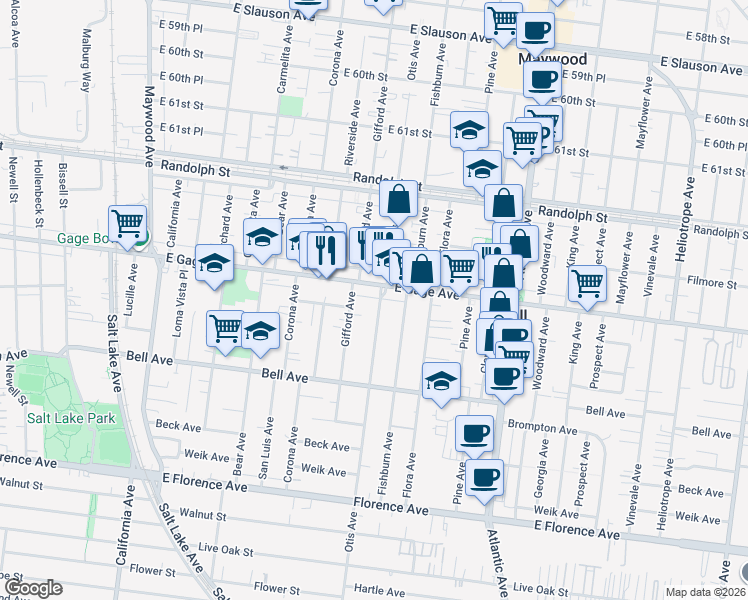map of restaurants, bars, coffee shops, grocery stores, and more near 6418 Otis Avenue in Bell