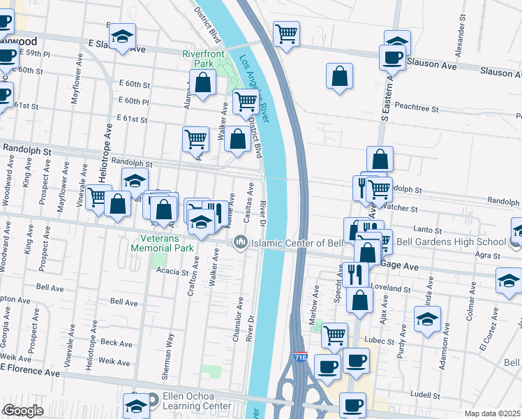 map of restaurants, bars, coffee shops, grocery stores, and more near 6251 River Drive in Bell