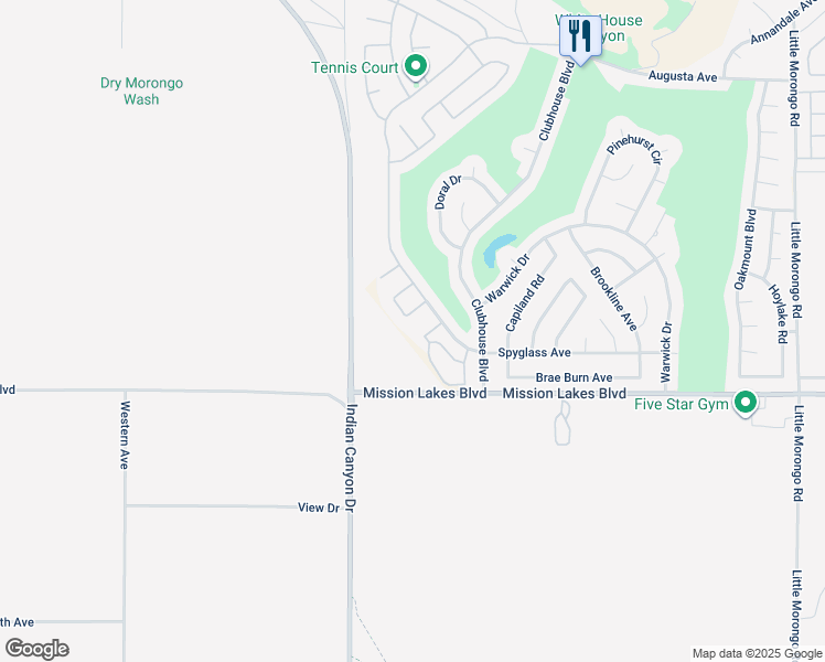 map of restaurants, bars, coffee shops, grocery stores, and more near 9641 Spyglass Avenue in Desert Hot Springs