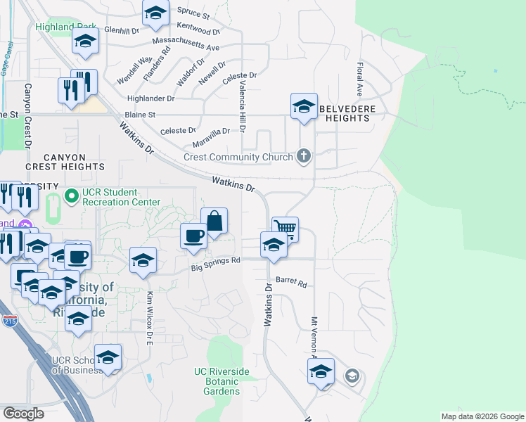 map of restaurants, bars, coffee shops, grocery stores, and more near 3594 Watkins Drive in Riverside