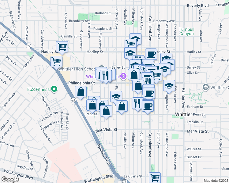 map of restaurants, bars, coffee shops, grocery stores, and more near 7033 Pickering Avenue in Whittier