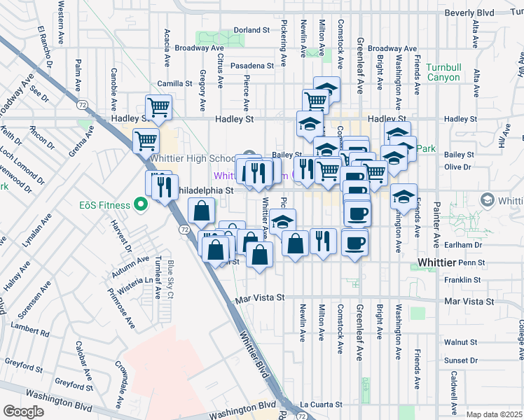 map of restaurants, bars, coffee shops, grocery stores, and more near 7038 Pierce Avenue in Whittier