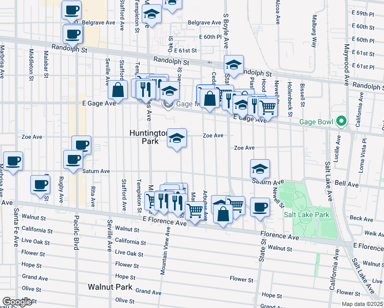map of restaurants, bars, coffee shops, grocery stores, and more near 6717 Arbutus Avenue in Huntington Park