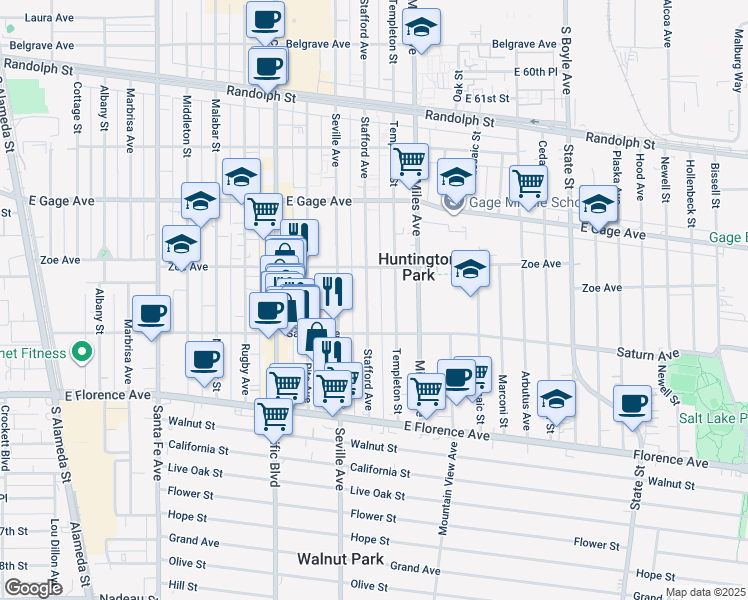 map of restaurants, bars, coffee shops, grocery stores, and more near 6722 Stafford Avenue in Huntington Park