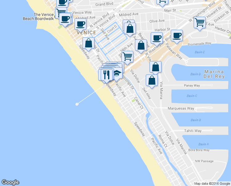 map of restaurants, bars, coffee shops, grocery stores, and more near 10 Speedway in Marina del Rey