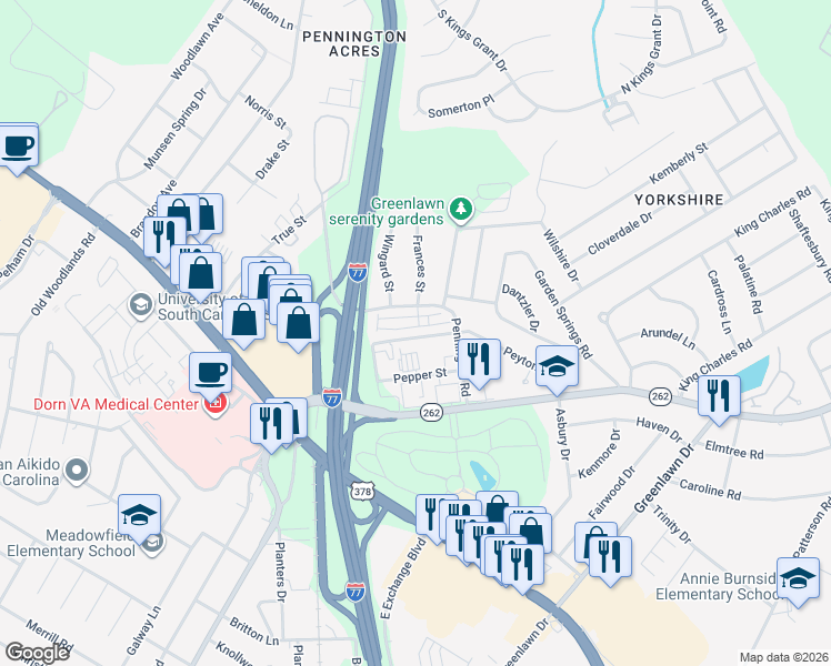 map of restaurants, bars, coffee shops, grocery stores, and more near 33 Braiden Manor Road in Columbia