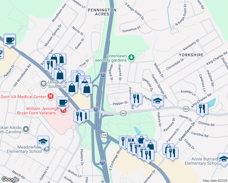 map of restaurants, bars, coffee shops, grocery stores, and more near 33 Braiden Manor Road in Columbia