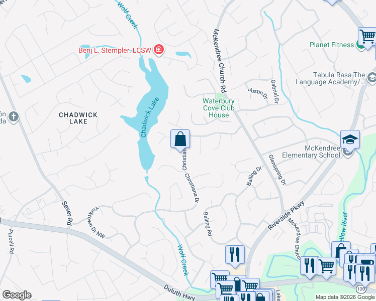 map of restaurants, bars, coffee shops, grocery stores, and more near 1759 Christiana Drive in Lawrenceville