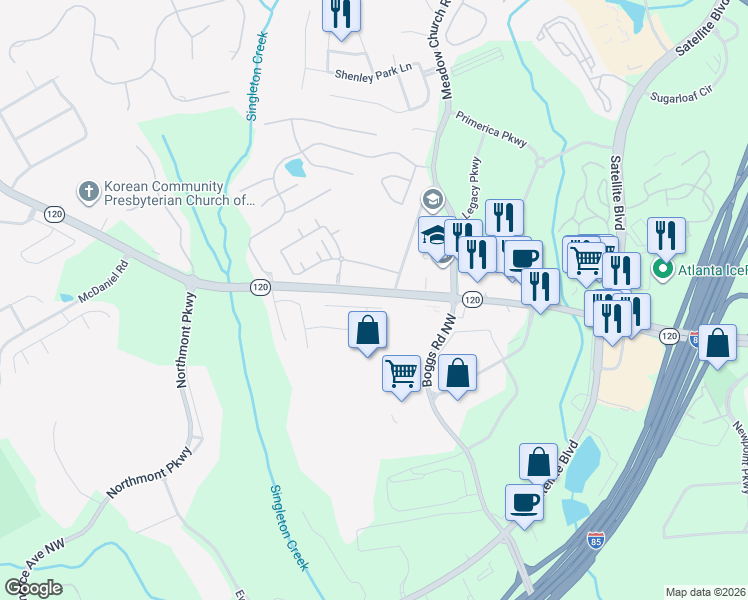 map of restaurants, bars, coffee shops, grocery stores, and more near 2499 Worrall Hill Way in Duluth