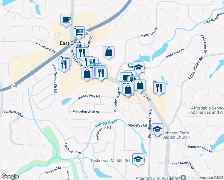 map of restaurants, bars, coffee shops, grocery stores, and more near 1225 Johnson Ferry Road in Marietta