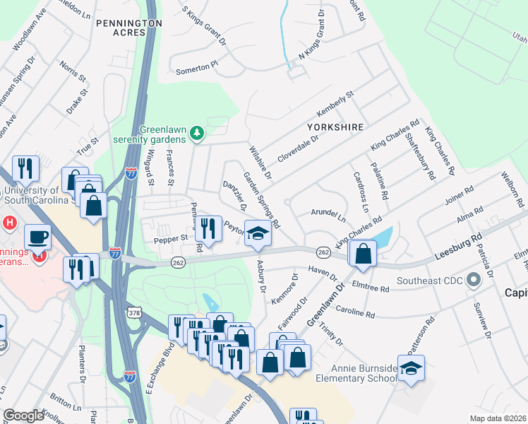 map of restaurants, bars, coffee shops, grocery stores, and more near 208 Garden Springs Road in Columbia