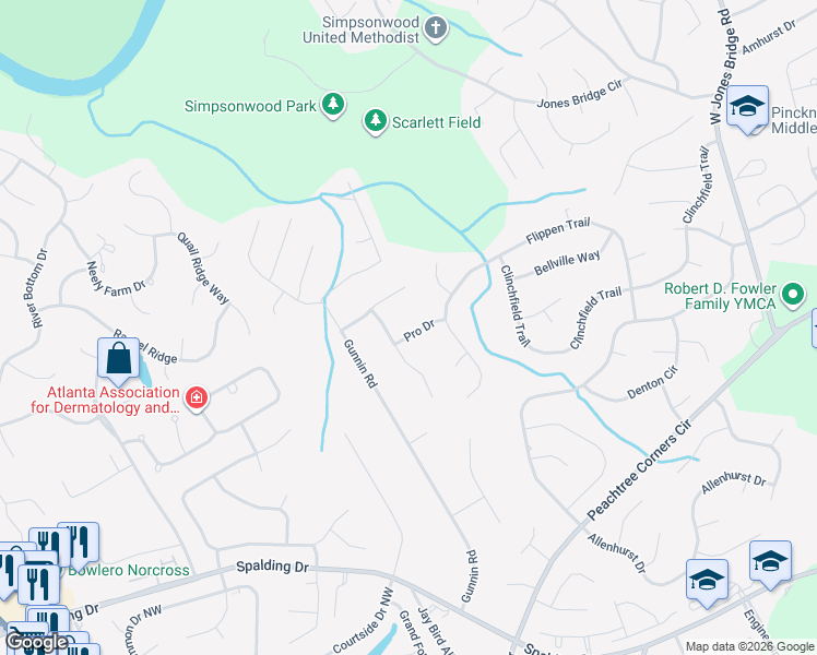 map of restaurants, bars, coffee shops, grocery stores, and more near 5863 Pro Drive in Norcross
