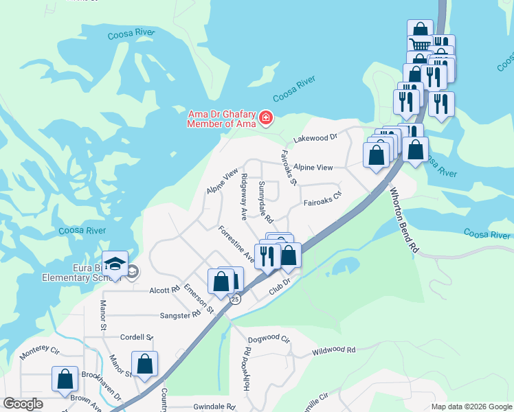 map of restaurants, bars, coffee shops, grocery stores, and more near 242 Sunnydale Road in Gadsden