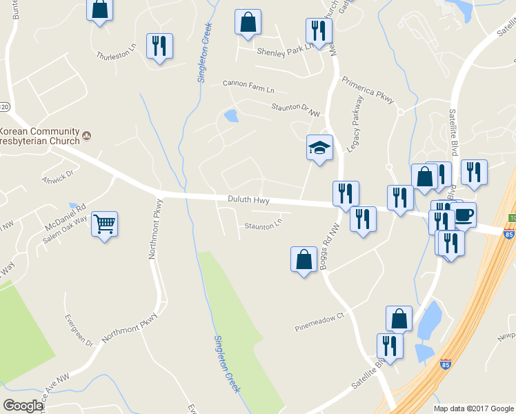 map of restaurants, bars, coffee shops, grocery stores, and more near 2619 Worrall Hill Way in Duluth