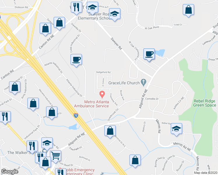 map of restaurants, bars, coffee shops, grocery stores, and more near 841 South Commons Road in Marietta