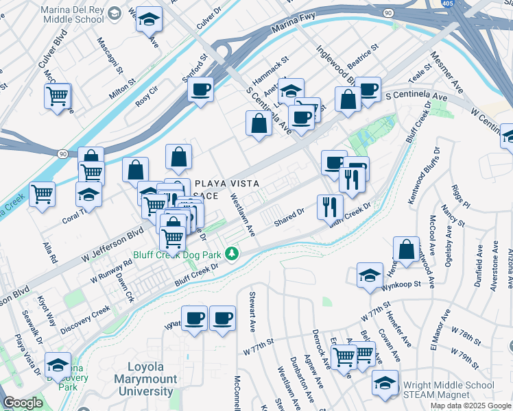 map of restaurants, bars, coffee shops, grocery stores, and more near 12558 Millennium Drive in Los Angeles