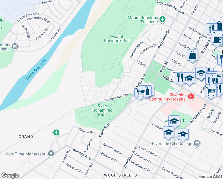 map of restaurants, bars, coffee shops, grocery stores, and more near 4674 Maxwell Court in Riverside