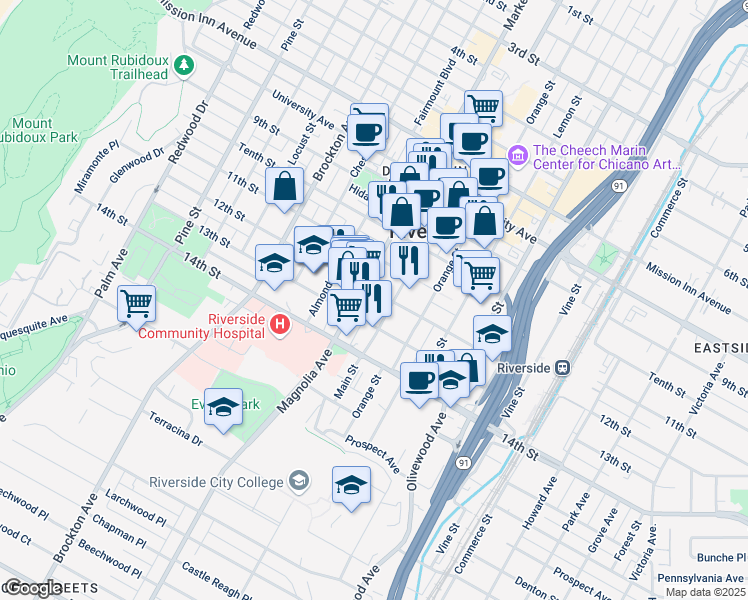 map of restaurants, bars, coffee shops, grocery stores, and more near 3760 12th Street in Riverside