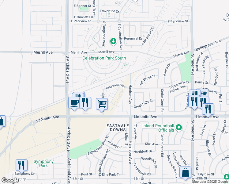 map of restaurants, bars, coffee shops, grocery stores, and more near 5937 Oatfield Avenue in Eastvale