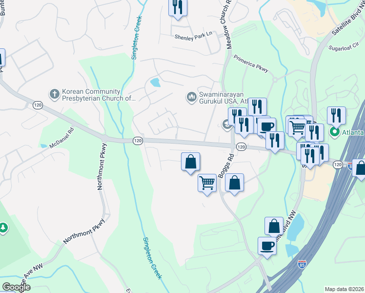 map of restaurants, bars, coffee shops, grocery stores, and more near 2619 Worrall Hill Way in Duluth