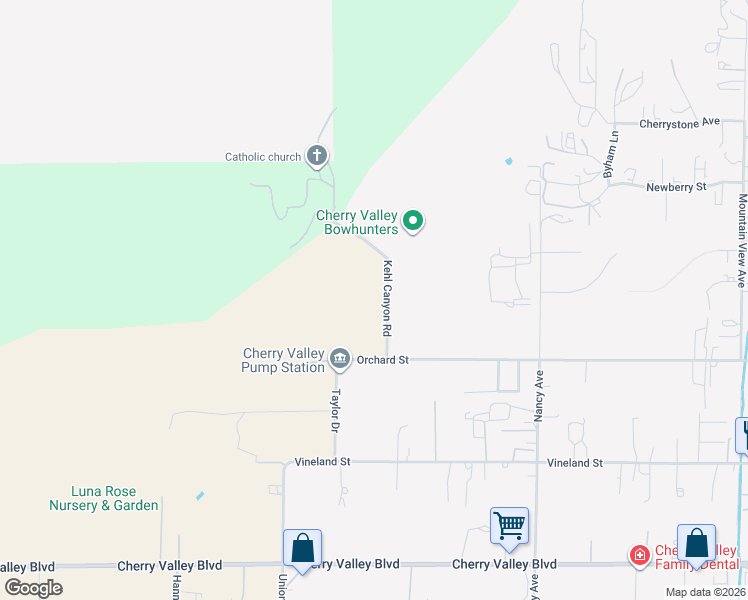 map of restaurants, bars, coffee shops, grocery stores, and more near 9841 Kehl Canyon Road in Cherry Valley