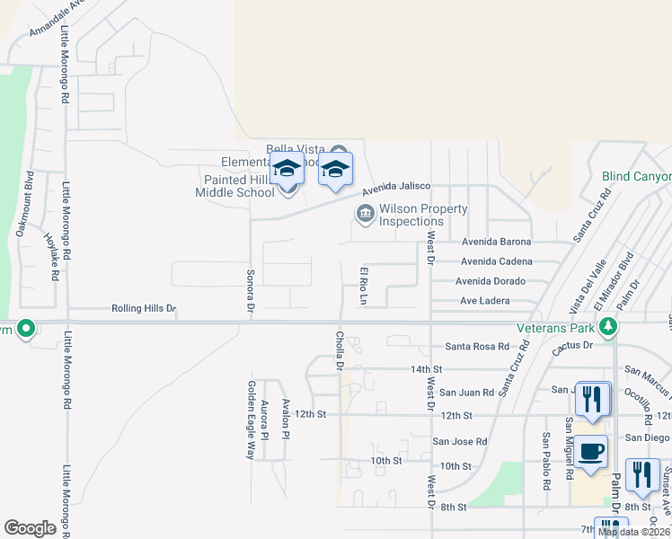 map of restaurants, bars, coffee shops, grocery stores, and more near 9698 Cholla Drive in Desert Hot Springs