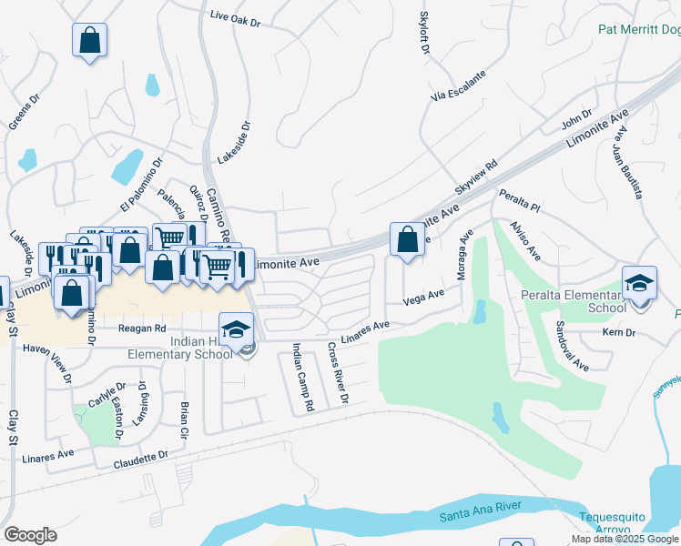 map of restaurants, bars, coffee shops, grocery stores, and more near Star Street in Riverside