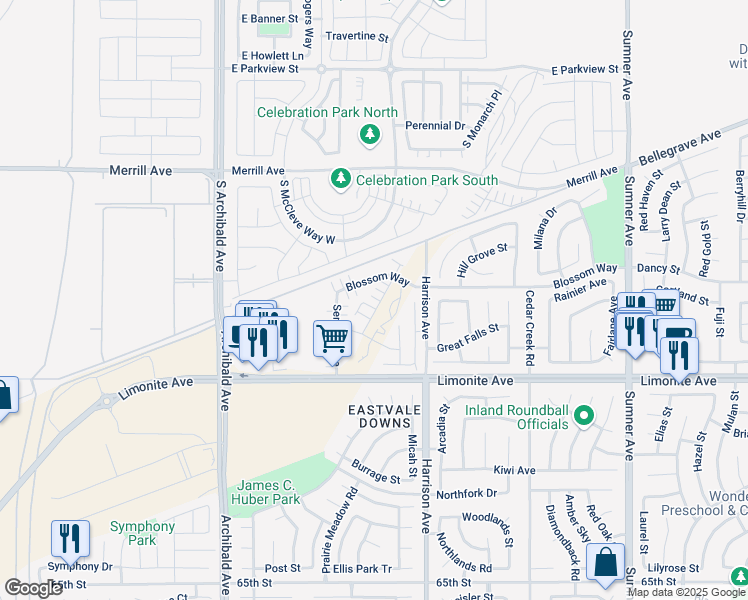 map of restaurants, bars, coffee shops, grocery stores, and more near 5937 Oatfield Avenue in Eastvale