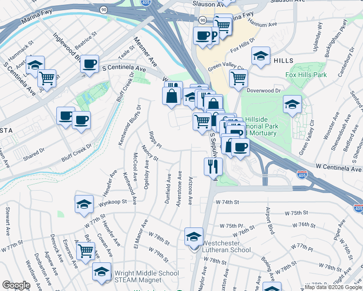 map of restaurants, bars, coffee shops, grocery stores, and more near 6307 Riggs Place in Los Angeles