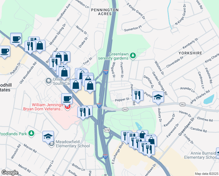map of restaurants, bars, coffee shops, grocery stores, and more near 774 Peyton Road in Columbia