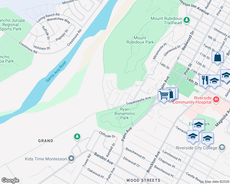 map of restaurants, bars, coffee shops, grocery stores, and more near 4822 Glenwood Drive in Riverside