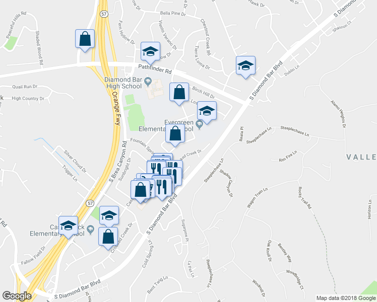 map of restaurants, bars, coffee shops, grocery stores, and more near 2617 Crooked Creek Drive in Diamond Bar