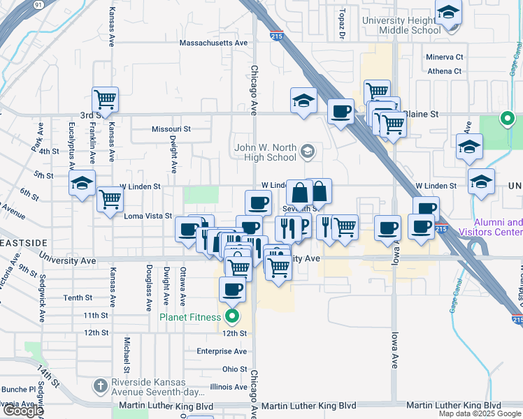 map of restaurants, bars, coffee shops, grocery stores, and more near 3598 Chicago Avenue in Riverside