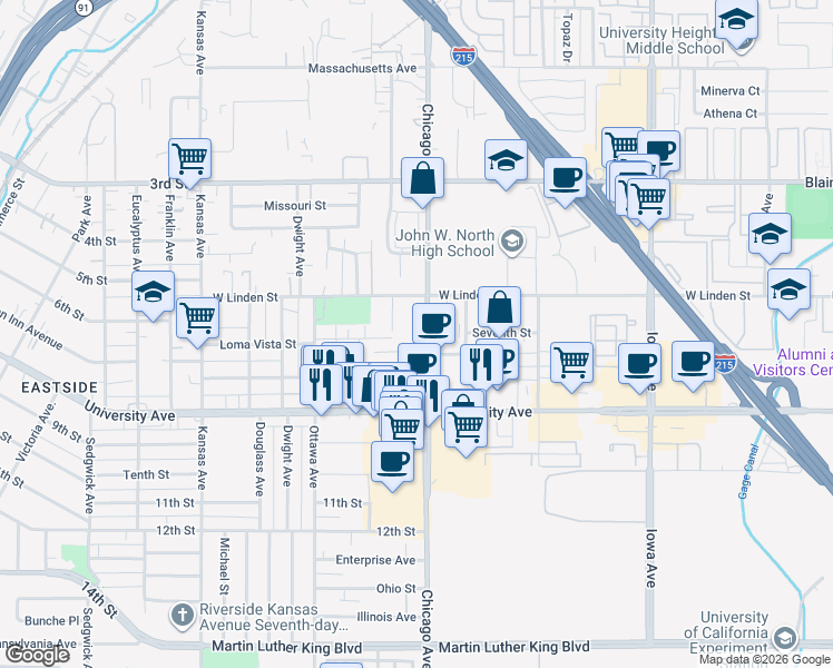 map of restaurants, bars, coffee shops, grocery stores, and more near 3581 Chicago Avenue in Riverside