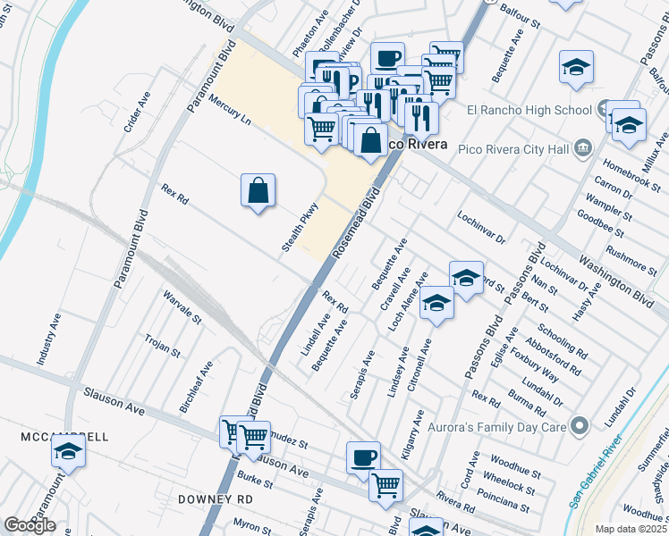 map of restaurants, bars, coffee shops, grocery stores, and more near 7336 Rosemead Boulevard in Pico Rivera