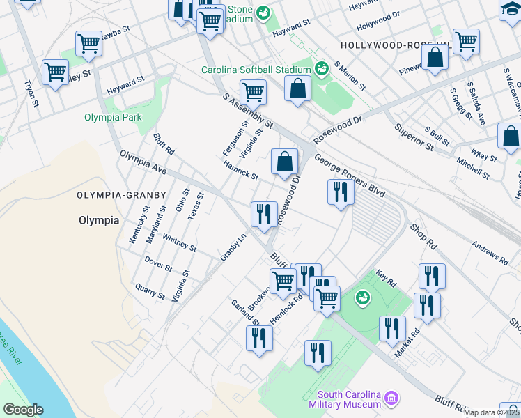 map of restaurants, bars, coffee shops, grocery stores, and more near 1181 Olympia Avenue in Columbia