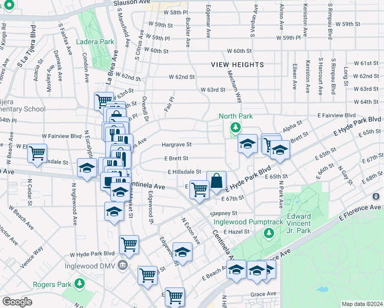 map of restaurants, bars, coffee shops, grocery stores, and more near 527 East Brett Street in Inglewood