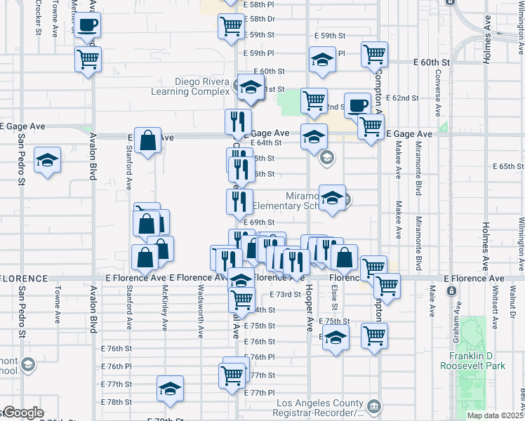 map of restaurants, bars, coffee shops, grocery stores, and more near 1144 East 68th Street in Los Angeles