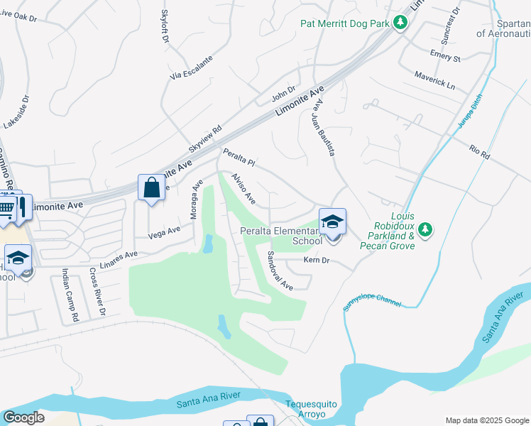 map of restaurants, bars, coffee shops, grocery stores, and more near 6075 Sandoval Avenue in Riverside