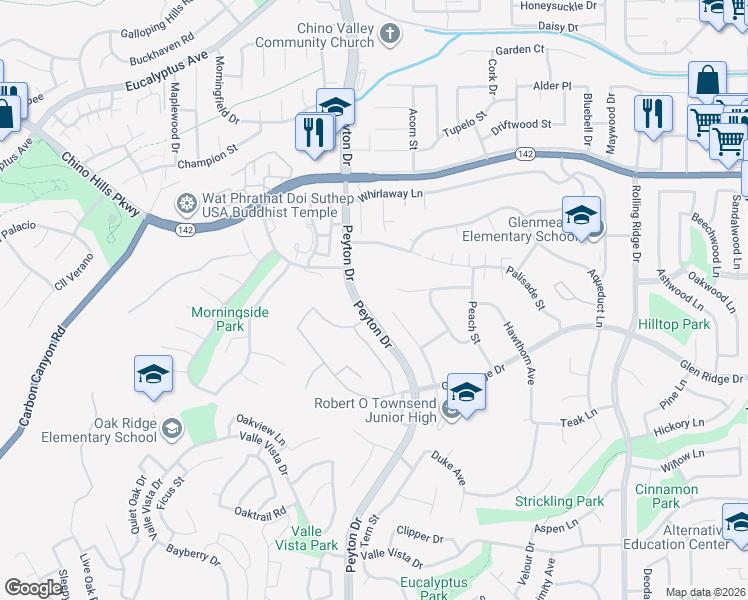 map of restaurants, bars, coffee shops, grocery stores, and more near 3298 Carriage House Drive in Chino Hills