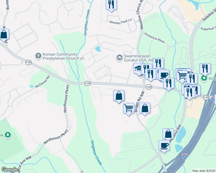 map of restaurants, bars, coffee shops, grocery stores, and more near 2619 Worrall Hill Way in Duluth