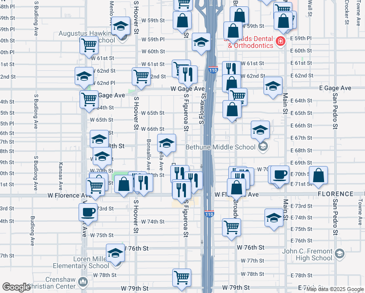 map of restaurants, bars, coffee shops, grocery stores, and more near 6801 South Figueroa Street in Los Angeles