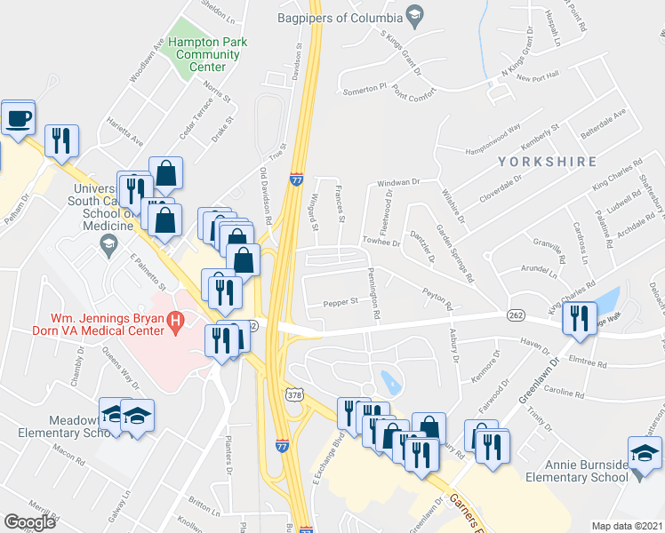 map of restaurants, bars, coffee shops, grocery stores, and more near 35 Braiden Manor Road in Columbia