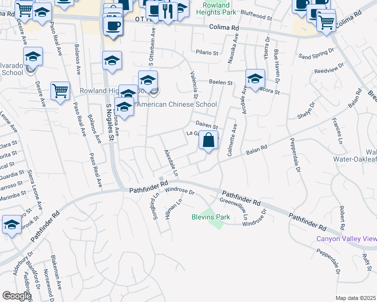 map of restaurants, bars, coffee shops, grocery stores, and more near 19345 Aguiro Street in Rowland Heights