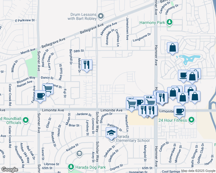map of restaurants, bars, coffee shops, grocery stores, and more near 6044 Fairfax Drive in Eastvale
