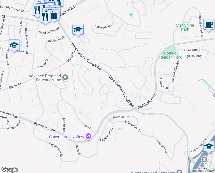map of restaurants, bars, coffee shops, grocery stores, and more near 2370 Oakleaf Canyon Road in Walnut