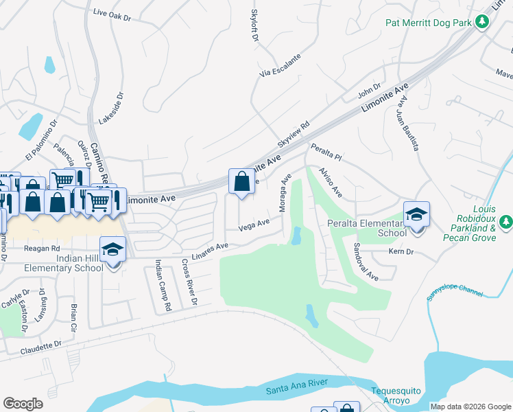 map of restaurants, bars, coffee shops, grocery stores, and more near 6066 Alvarado Circle in Riverside